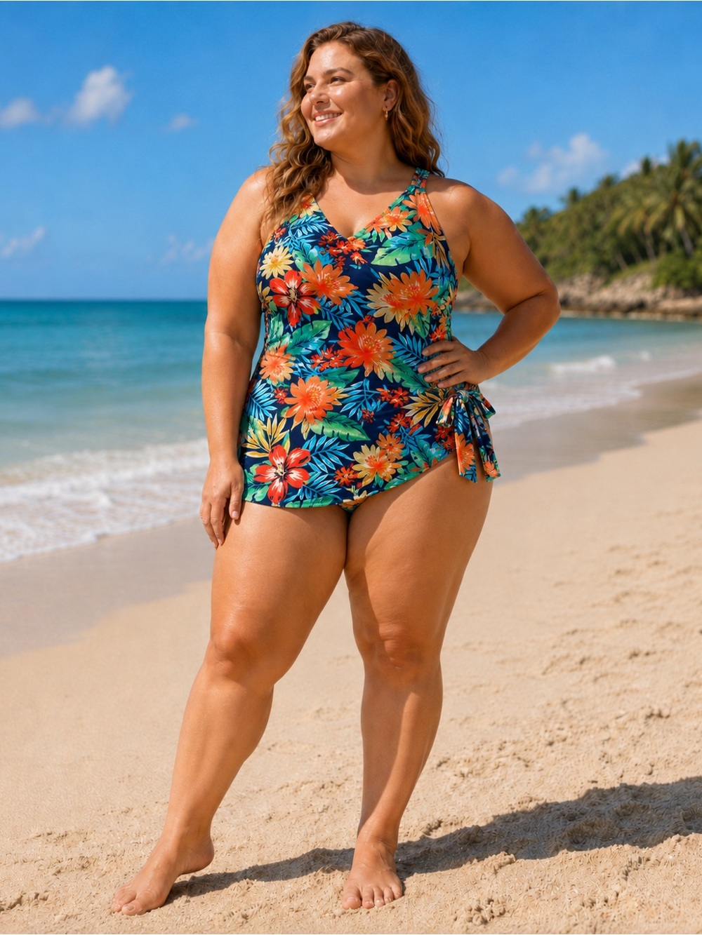 Plus Size Tropical Floral Tankini Swimsuit in Navy & Orange - Picture 2 of 12